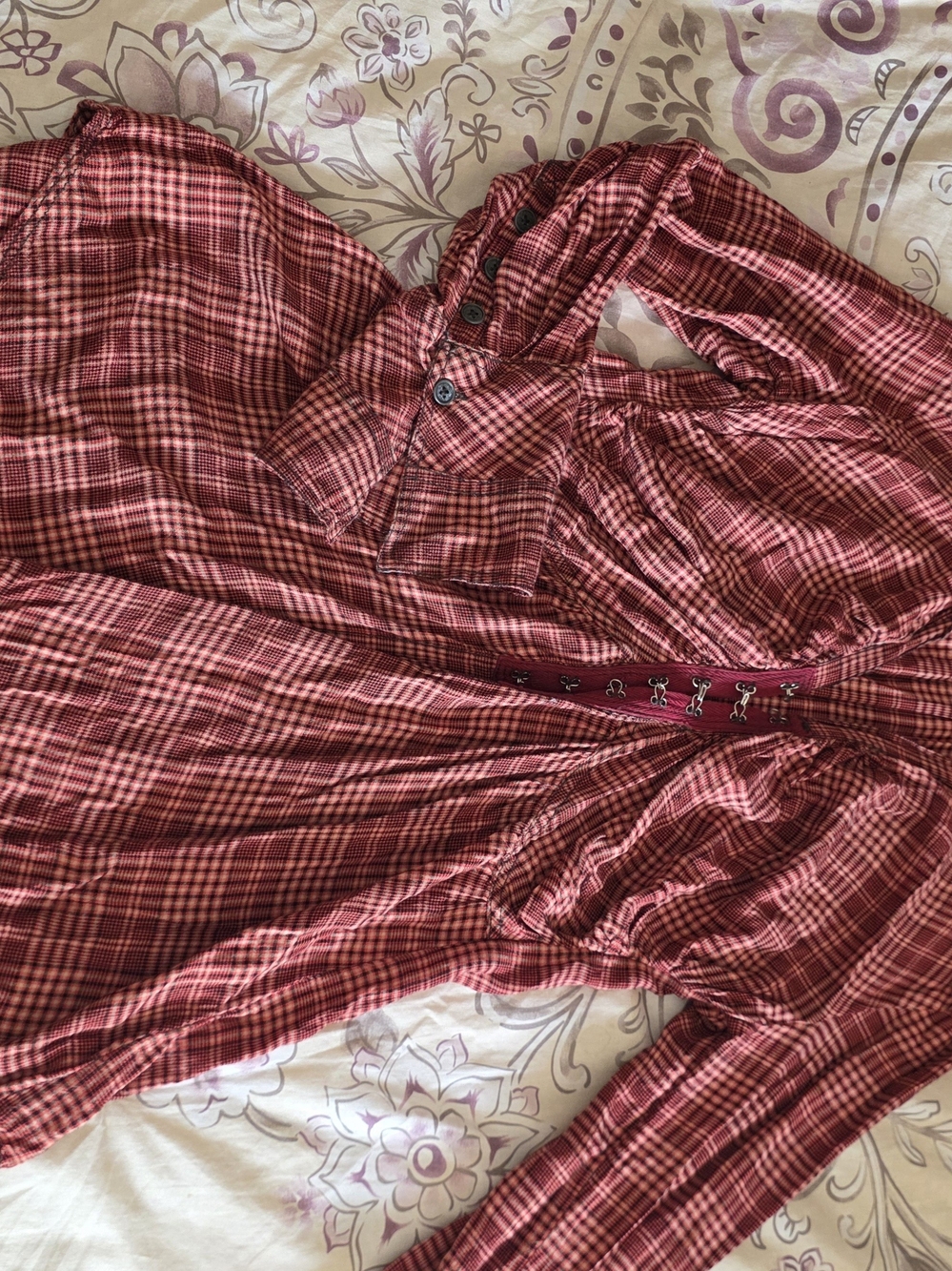 We The Free Burgundy Plaid Button-Up Nightgown